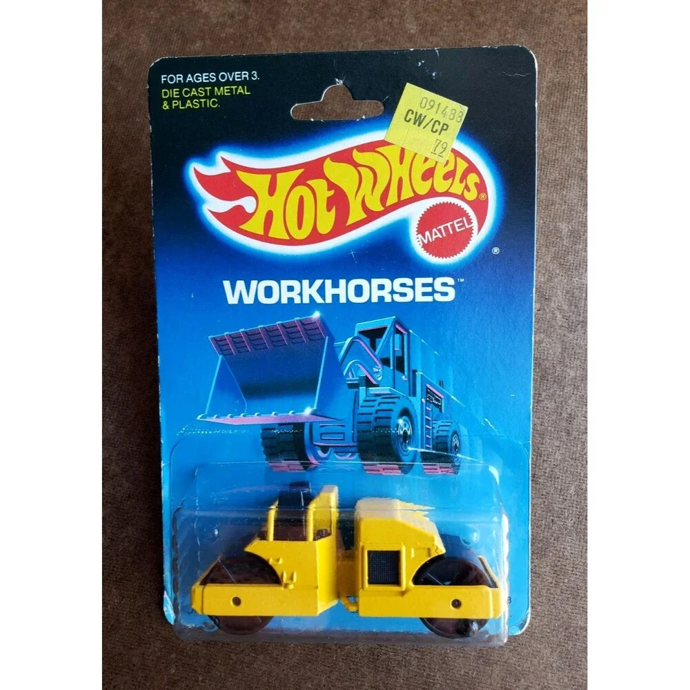 Hot Wheels 1987 CAT ROAD ROLLER Yellow #3853  WORKHORSES SERIES 1:64 3 BARS VAR.
